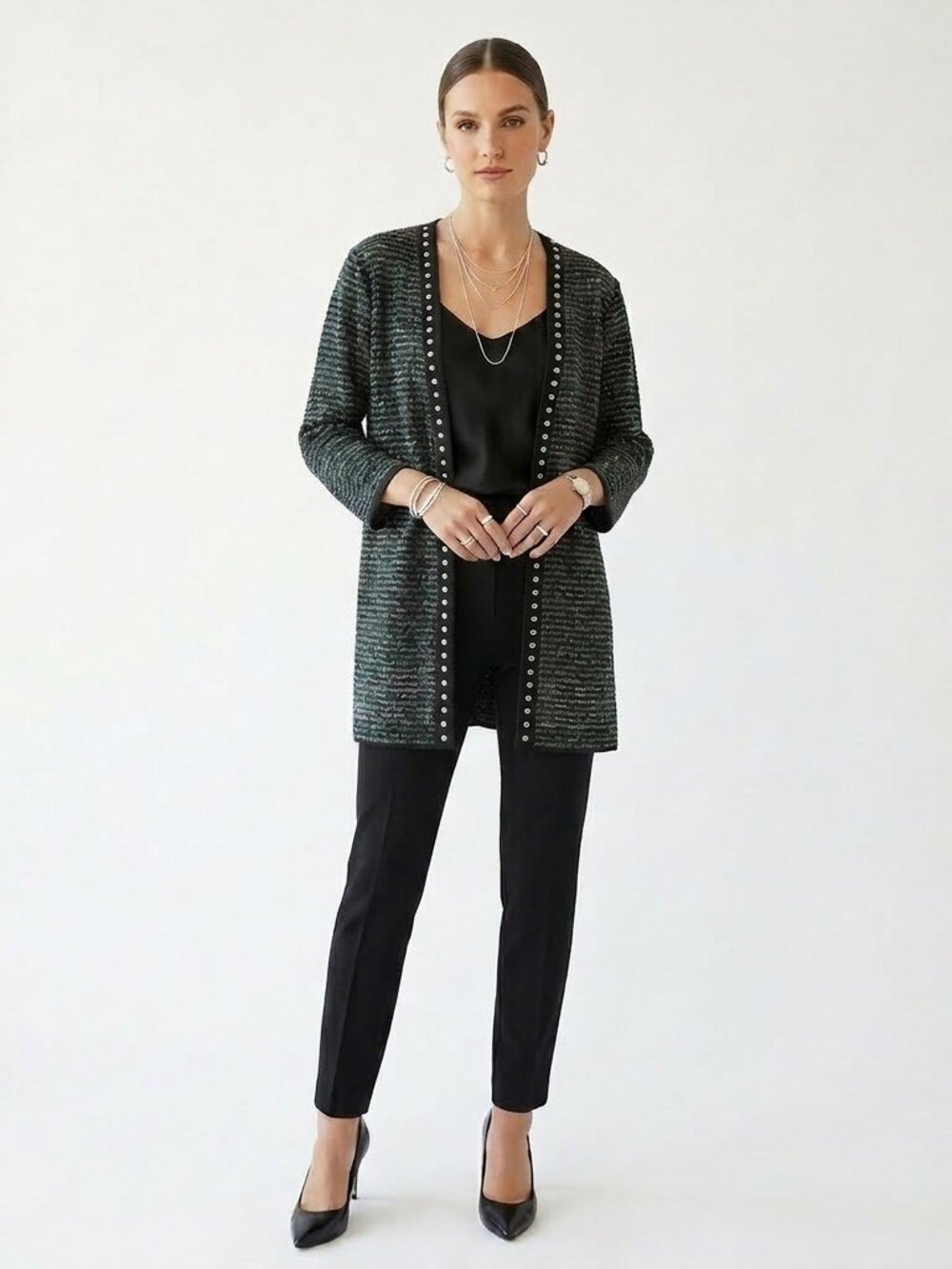 Misook Textured Knit Open Front Cardigan XL NWT Black Teal Studded